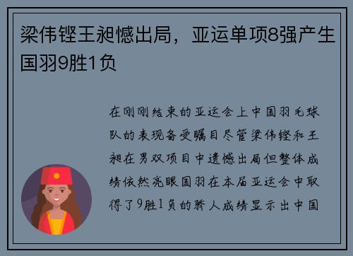 梁伟铿王昶憾出局，亚运单项8强产生国羽9胜1负