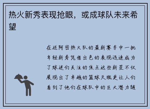 热火新秀表现抢眼，或成球队未来希望