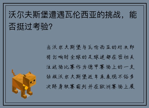 沃尔夫斯堡遭遇瓦伦西亚的挑战，能否挺过考验？