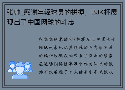 张帅_感谢年轻球员的拼搏，BJK杯展现出了中国网球的斗志