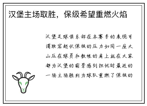 汉堡主场取胜，保级希望重燃火焰