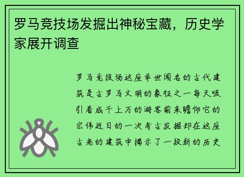 罗马竞技场发掘出神秘宝藏，历史学家展开调查