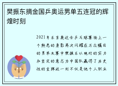 樊振东摘金国乒奥运男单五连冠的辉煌时刻